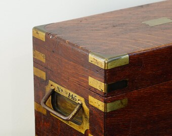 Antique English Brass Bound Oak Campaign Box, Dated 1854