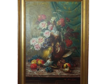 Antique Oil Still Life Painting with Flowers, Signed