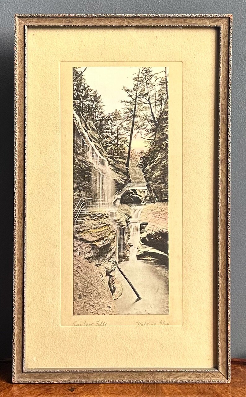 Vintage Rainbow Falls photograph, vintage framed waterfall print, scenic waterfall print, Watkins Glen photo image 7