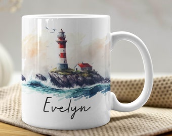 Lighthouse Mug - Personalized Ocean Beach Coastal Waves Watercolor Coffee Tea Cup Gift, Personalize Custom Name Keepsake