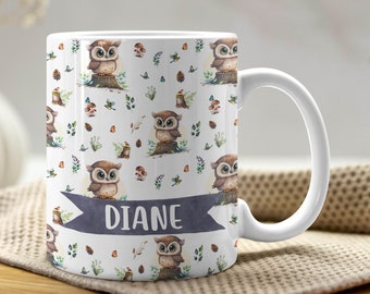 Owl Pattern Mug - Personalized Woodland Forest Toadstool Bird Coffee Tea Cup Gift, Personalize Custom Name Keepsake