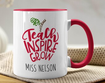 Teacher Mug - Personalized Teach Inspire Grow Coffee Tea Cup Gift, Teacher Gift, Personalize Custom Name Keepsake