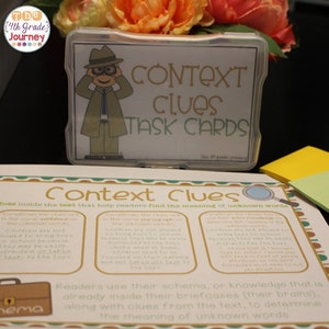 Op de afbeelding: Een groene en bruine geïllustreerde kaart met de tekst "Context Clues Task Cards" en een cartoon detective met een vergrootglas. De kaart legt uit hoe je contextuele aanwijzingen kunt gebruiken om de betekenis van onbekende woorden te bepalen.
