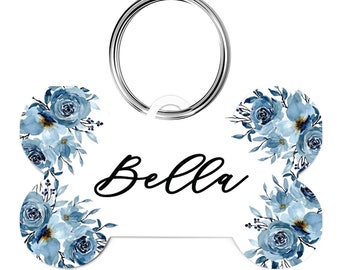 Blue Floral Personalized Dog Tag, Dog ID Tag, Cat Tag, Floral Pet Tag, Name Tag, Cute Dog ID Tag, Dog ID Tag, Girl Dog Tag, Dog Tag Collar