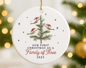 May include: A round white ceramic Christmas ornament with a gold string. It depicts three birds in Santa hats on a Christmas tree. The text reads "OUR FIRST CHRISTMAS AS A Family of Three 2025."