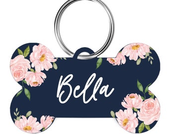 Pink Navy Flowers Personalized Dog Tag, Dog ID Tag, Cat Tag, Floral Pet Tag, Tag, Cute Dog ID Tag, Dog ID Tag, Girl Dog Tag, Dog Tag Collar