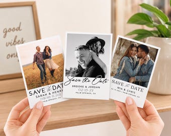 May include: Three photo cards held by a person. Each card features a couple and the words "Save the Date". The cards have the names of the couples and the date and location of the event. The photos are in black and white and colour.