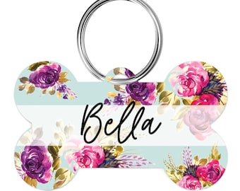 Purple Pink Floral Custom Dog Tag, Dog ID Tag, Cat Tag, Name Tag, Cute Dog ID Tag, Dog ID Tag, Girl Dog Tag, Dog Tag Collar, Floral Pet Tag