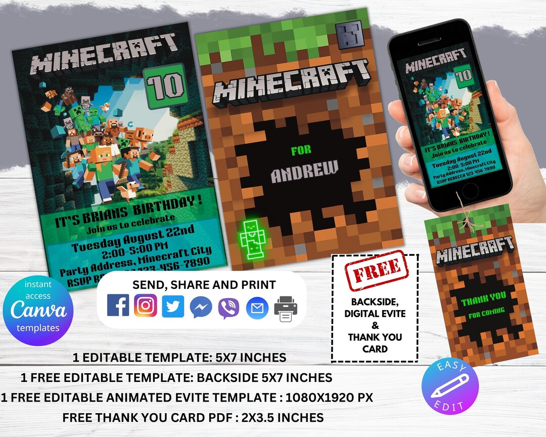 Minecrafter Birthday Invitation Template, Animated Evite, Minecraft