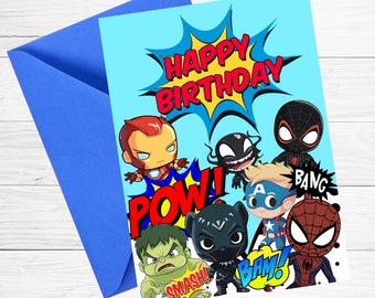 Superhero Babies Happy Birthday Card |Spiderman |Miles Morales |Venom| Captain America|Hulk| Ironman|Black Panther|INSTANT Digital Download