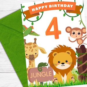 Biglietto per il 4° compleanno per bambini STAMPABILE, biglietto di buon compleanno per ragazzo, ragazza, compleanno a tema giungla, biglietto di compleanno per animali, download istantaneo, leone
