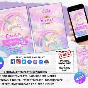 Paquete de invitación de cumpleaños de unicornio - Invitaciones digitales editables e imprimibles con etiquetas de agradecimiento / Evites de fiesta de cumpleaños / Cumpleañera mágica