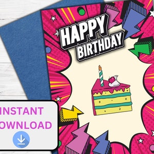 POPART Happy Birthday Karte , Sofort Download Grußkarte , Bunte Kuchen Bday Karte , Funky Explosion druckbare Geburtstagskarte für sie/sie