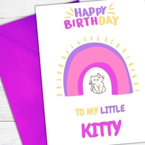 誕生日カード、印刷可能なダウンロード、子供の誕生日カード、女の子のためのハッピーバースデーカード、子供のための誕生日カード、虹、子猫、グリーティングカード