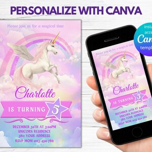 Paquete de invitación de cumpleaños de unicornio - Invitaciones digitales editables e imprimibles con etiquetas de agradecimiento / Evites de fiesta de cumpleaños / Cumpleañera mágica