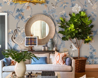 SALON DES NOBLES/Chinoiseries wallpaper/Flower and birds/Botanical art/Mural/Printed on Metallic leaf/Faux silk/Paper/Grasscloth/Arrowroot