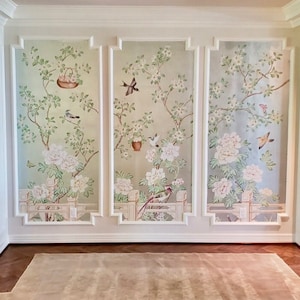 FRÜHLINGS-PAVILLON/ Chinoiseries Tapete/Blumen und Vögel/Botanische Kunst/Wandbild/Druck auf metallischem Blatt/Kunstseide/Papier/Grastuch