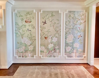 HERALDING SPRING PAVILION/Chinoiseries wallpaper/Flower and birds/Botanical art/Mural/Printed on Metallic leaf/Faux silk/Paper/Grasscloth