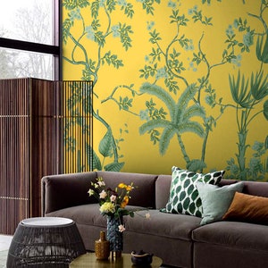 FRÜHLINGS-PAVILLON/ Chinoiseries Tapete/Blumen und Vögel/Botanische Kunst/Wandbild/Druck auf metallischem Blatt/Kunstseide/Papier/Grastuch
