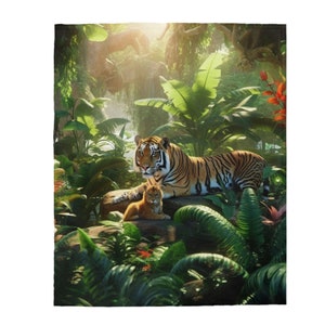 Tigers Plush Blanket | jungle blanket | warm cozy blanket | tropical blanket | throw | Gift for her | Plants Blanket | Safari Blanket