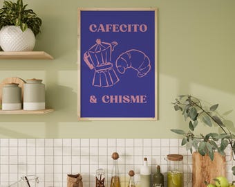 Cafecito y Chisme Print: Navy Latina Kitchen Wall Art, Bilingual Home Decor | Digital Download | Spanish Kitchen Printable