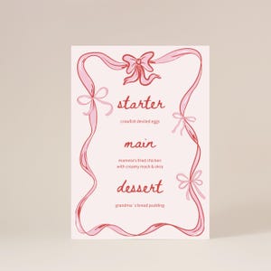 MENÚ DE CENA COQUETTE: menú dibujado a mano con lazo rosa para cena de Shabat, fiesta de cumpleaños, despedida de soltera, baby shower, imprimible, editable
