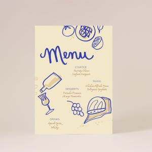 Bearbeitbare Menüvorlage für Ereignisse | Modernes Dinner Party Menü | Handgezeichnete Abendkarte | Essen und Wein-Gekritzel | Shabbat-Menü