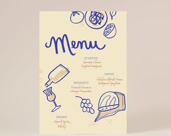 Hand-Drawn Dinner Printable Canva Menu Template |  Editable Food Wine Illustration Menu Card for Wedding Shabbat Birthday Holiday Party