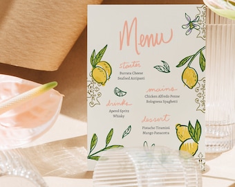 Printable Menu for Birthday Party or Shabbat Dinner with hand-drawn lemon illustrations | Easy to Edit Canva Template| | Instant Download