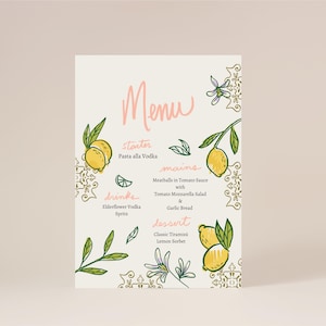 Menu imprimable pour le dîner de fête ou le dîner de Shabbat | carte de menu dessinée à la main au citron | Modèle canva modifiable de menu Agrumes | Menu événementiel moderne
