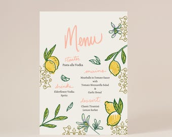 Dinner Party Menu Template Printable | Lemon Citrus Design Hand-Drawn | Editable Canva | Wedding Birthday Bridal Shower Summer Menu Card