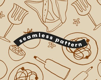 Food and Wine Seamless Pattern | Dinner Party Digital Paper | Sublimation Craft File | Instant Download