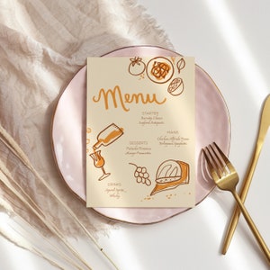 Menú dibujado a mano para cena de gala/cena de Shabat/Plantilla de Canva fácil de editar/Ilustraciones de comida y vino/Descarga instantánea/Imprimible