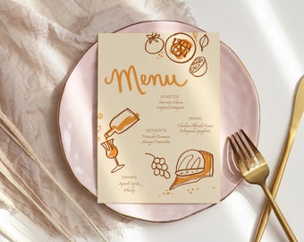 Gold Hand-Drawn Dinner Party Menu Template | Food & Wine Illustrations (Canva Editable, Printable)