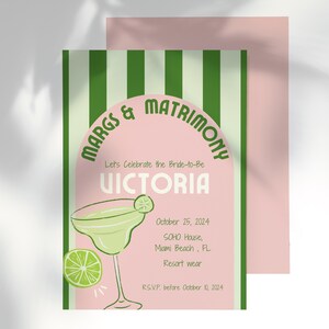 MARGS AND MATRIMONY Junggesellinnenabschied Einladung, Bride to be Party Einladung, Rosa Grün Streifen einladen, niedliche druckbare Einladungsvorlage
