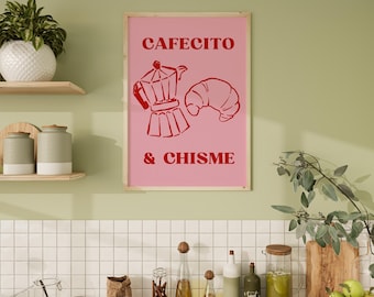 Cafecito y Chisme Print: Pink Latina Kitchen Wall Art, Bilingual Home Decor | Digital Download