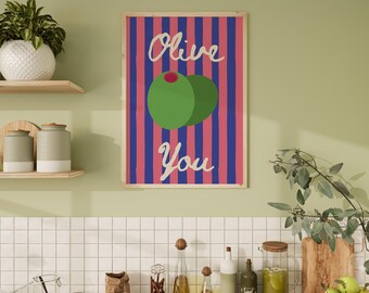 Olive You Print: Blue Latina Kitchen Wall Art, Bilingual Home Decor | Digital Download