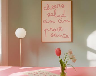 Cheers Salud Cin Cin Print: Pink Latina Kitchen Wall Art, Bilingual Home Decor | Digital Download
