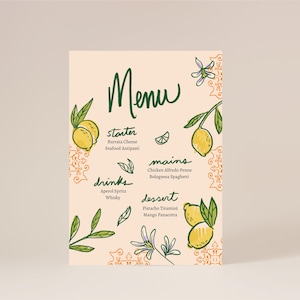Menu imprimable pour événements ou dîner avec motif floral d'agrumes dessiné à la main | Modèle modifiable de canevas de menu citron | Téléchargement numérique pour les événements