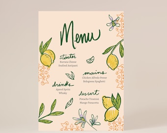 May include: A menu with a lemon theme. The menu is divided into sections: starter, drinks, mains, and dessert. The menu items are written in a handwritten font. The background is a light peach color with a lemon and leaf pattern.
