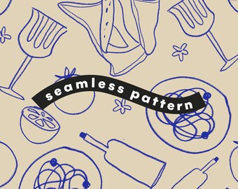 Blue Dinner Party Seamless Pattern | Food Wine Digital Paper | Sublimation Craft File | Instant Download