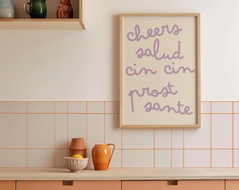 Cheers Salud Cin Cin Print: Lavender Latina Kitchen Wall Art, Bilingual Home Decor | Digital Download