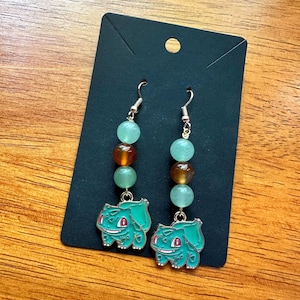 Bulbasore Inspired Poke Earrings Green- made with Green Aventurine & Carnelian