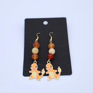 Boucles d&#39;oreilles Poke inspirées de Charmandeer - Cornaline et calcite jaune