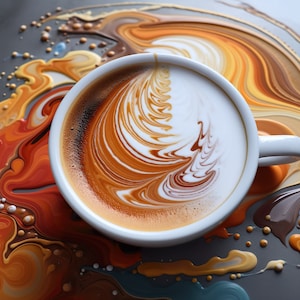 Vibrant Abstract Coffee Art in a Cup Print: Perfect Wall Decor for Coffee Lovers and Cafe-Inspired Interior Design