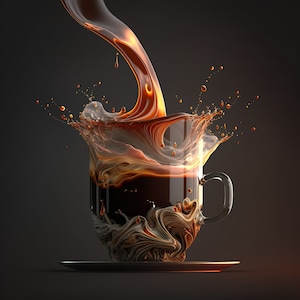 May include: A glass coffee cup with a swirling pattern is filled with coffee. The coffee is being poured into the cup, creating a splash of coffee droplets.