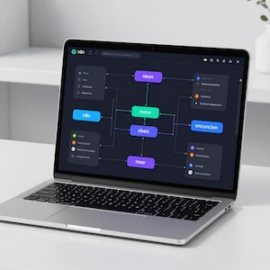 Peut inclure: Un ordinateur portable argenté affichant une interface logicielle sombre avec un organigramme central. Le diagramme présente des nœuds interconnectés en violet, vert et bleu, avec des étiquettes textuelles dont n8n, neon et oncuncion.