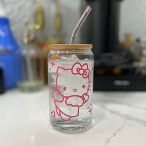 HK Kitty Iced Coffee Glass Cup w Lid and Glass Straw