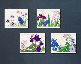 Summer Flower Illustration Gallery. Blues, Purples, Pinks four poster set. Vintage floral posters.