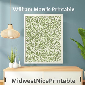 May include: A printable art print featuring a green and white floral pattern with the text "William Morris Printable" at the top and "MidwestNicePrintable" at the bottom.